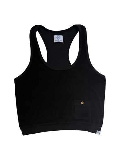 Black tank top with a pocket on a white background